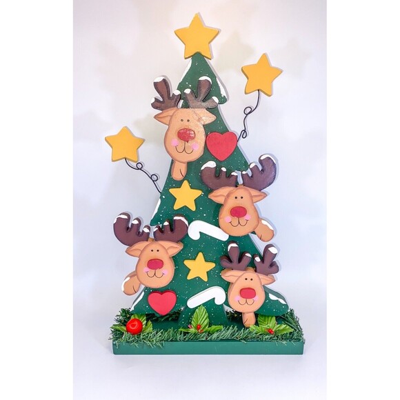 Christmas Wooden 16" Tabletop Tree Reindeer Candy Cane Star Ornament Rustic Déco - Picture 1 of 5